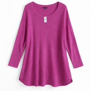 Talbots Ribbed Tunic Sweater Woman 2X Pink Button Detail Side Slits Soft Knit